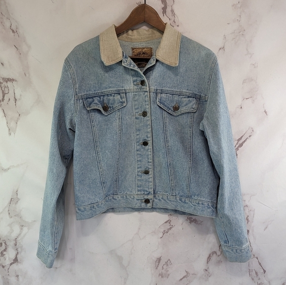 Vintage Denim Jacket Women Large Jean 80s 90s Y2K Linen Collar Light Wash Crop - Picture 1 of 14